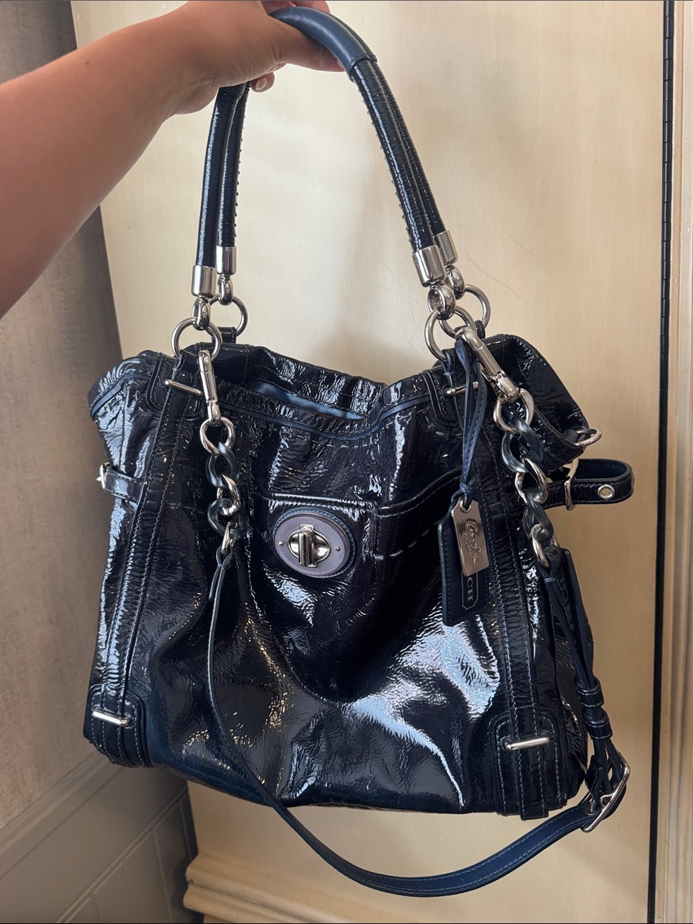 Coach Navy Patent Leather Shoulder Bag with Silver Hardware